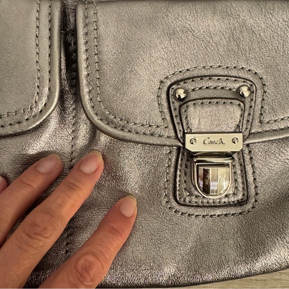 Coach Poppy Metallic Silver Leather Shoulder/Crossbody Bag with Silver Hardware - Picture 8 of 16